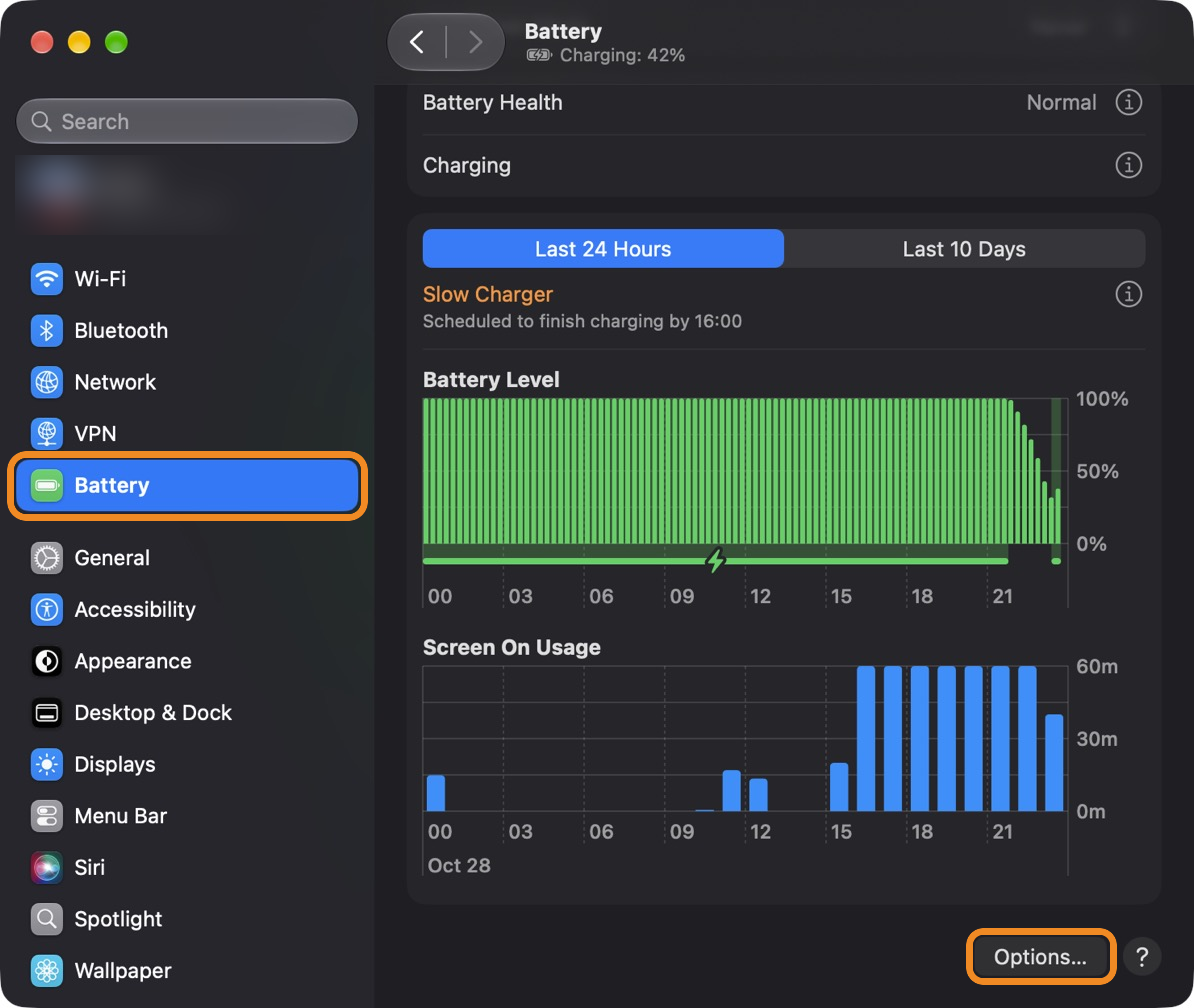 The Battery pane in System Settings, with the Options… button at the bottom right