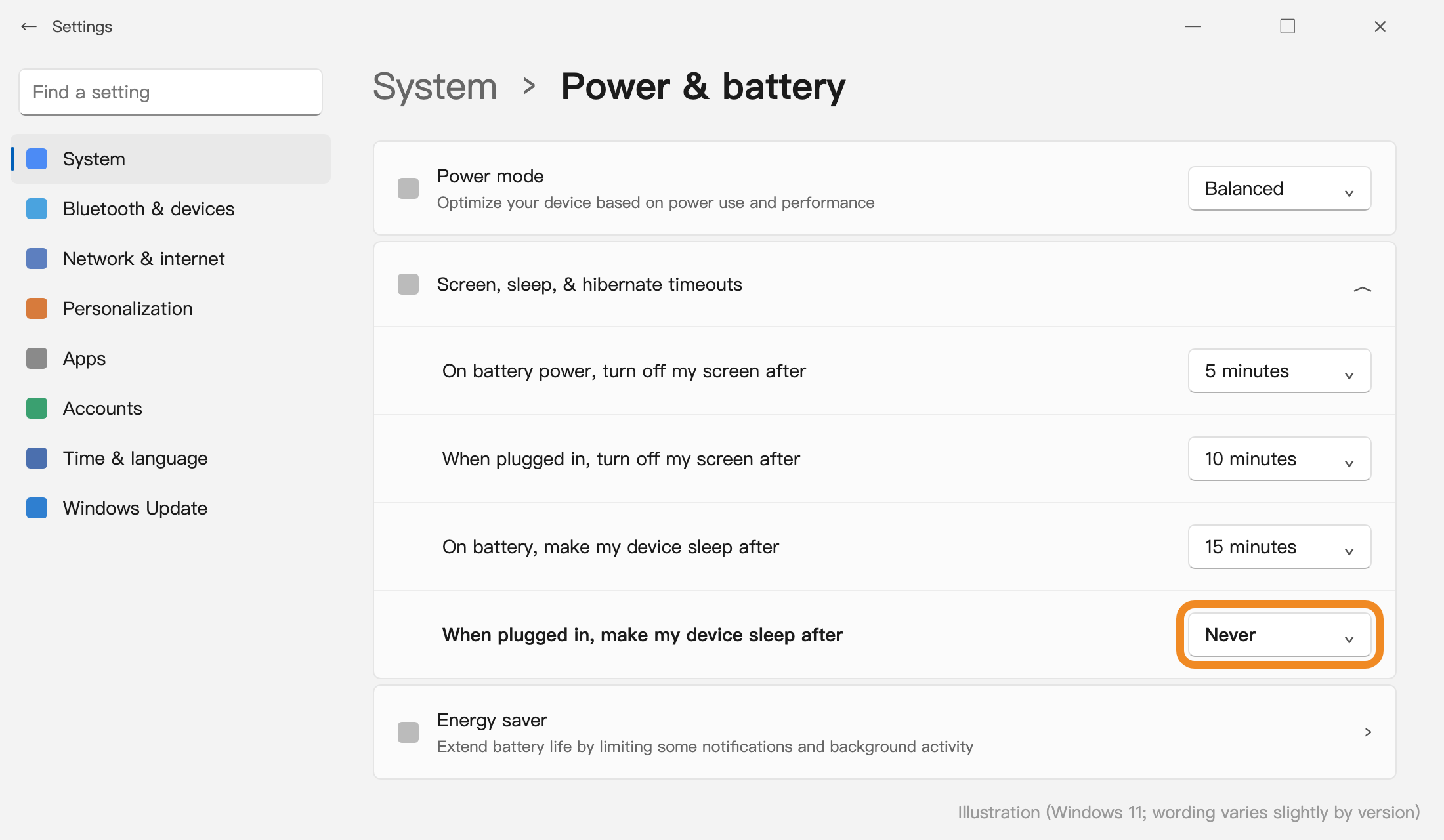 Windows Settings with “When plugged in, make my device sleep after” set to Never